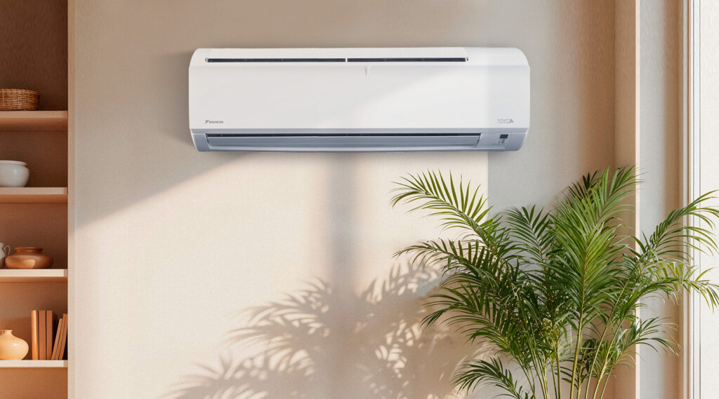 Daikin wall-mounted WiFi air conditioning unit installed in a contemporary living space.